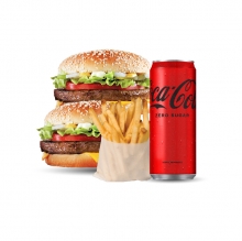 2 Burgers + Πατάτες + Αναψυκτικό Επιλογής 330ml