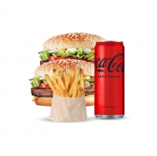 2 Burgers με Μπιφτέκι Κοτόπουλο Χειροποίητο 120gr + 1 Μερίδα Πατάτες Crispy ή Σαλάτα + 1 Αναψυκτικό 330ml επιλογής