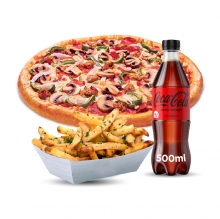 1 Pizza 30cm επιλογής + 1 Μερίδα Πατάτες Τηγανητές με Cheddar και Μπέικον + 1 Αναψυκτικό 330ml επιλογής