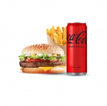 1 Burger επιλογής 130gr + 1 Μερίδα Πατάτες Τηγανητές + 1 Αναψυκτικό 330ml επιλογής