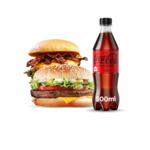 4 Single Burgers επιλογής + 1 Μερίδα Πατάτες Τηγανητές + 1 Coca-Cola 500ml επιλογής