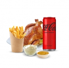 1 Κοτόπουλο Ολόκληρο Σούβλας + 1 Μερίδα Πατάτες Τηγανητές + 1 Μερίδα Τζατζίκι + 1 Μερίδα Ουγγαρέζα + 1 Μερίδα Sauce Μουστάρδας + 1 Αναψυκτικό 330ml επιλογής