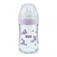 Nuk Γυάλινο Μπιμπερό Nature Sense Temperature Control με Θηλή Σιλικόνης για 0-6 μηνών Μωβ 240ml