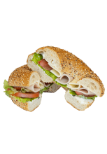 Bagel με Γραβιέρα Κρήτης, Σαλάμι Αέρος, Μαρούλι, Ντομάτα και Σως Μουστάρδα - Μέλι